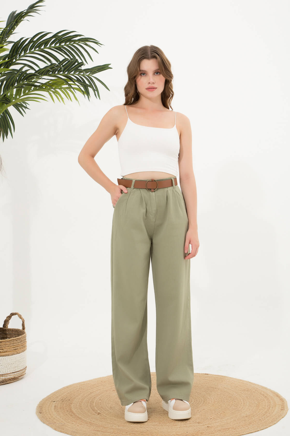 Kadın Kemerli Pileli Palazzo Pantolon