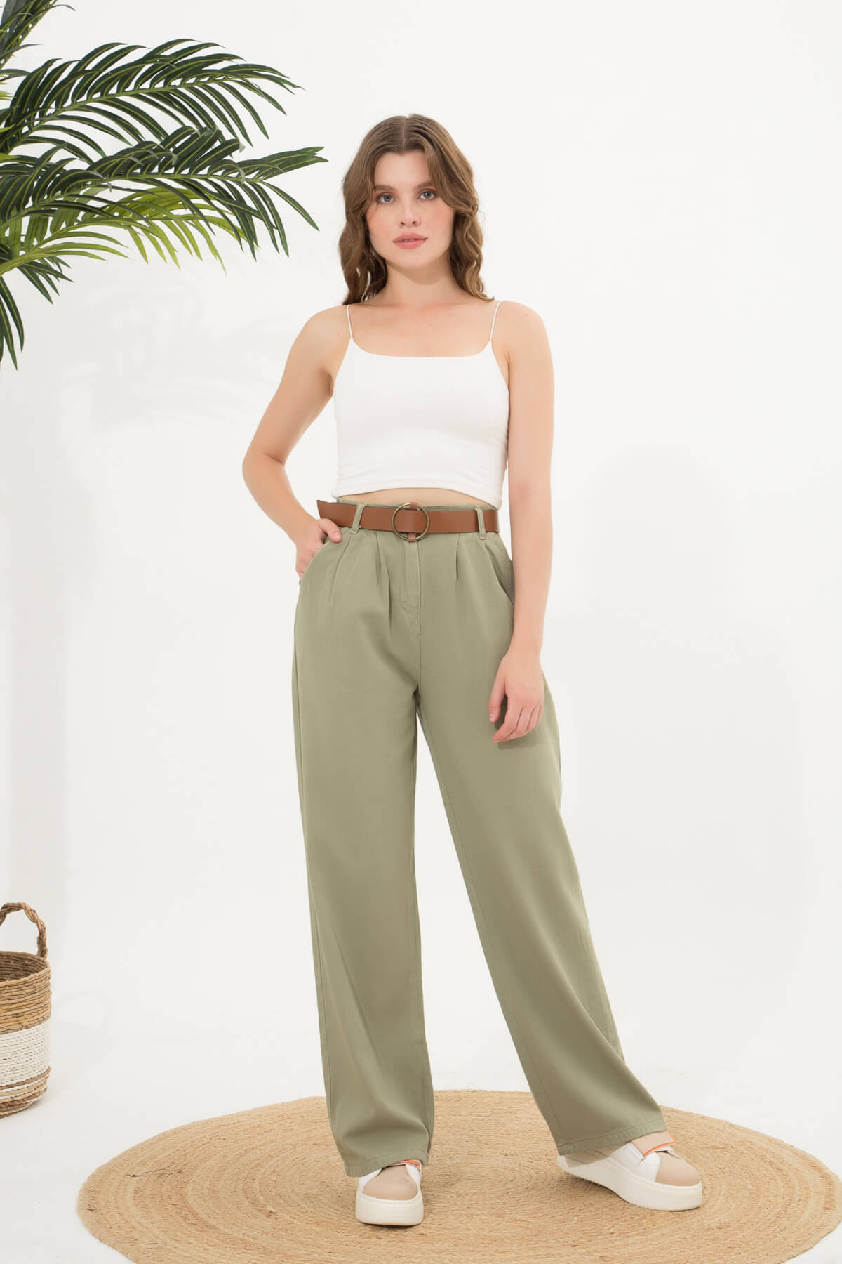 Kadın Kemerli Pileli Palazzo Pantolon