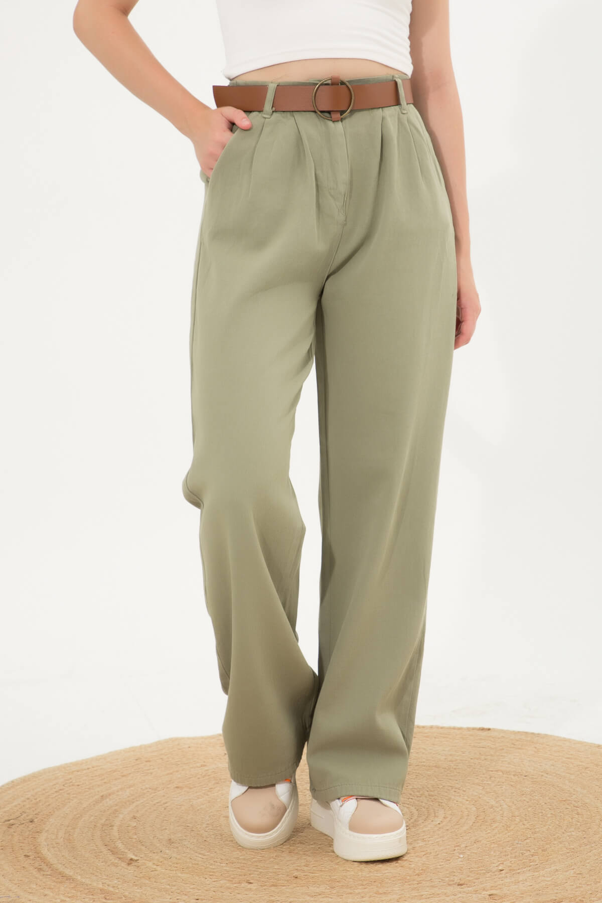 Kadın Kemerli Pileli Palazzo Pantolon