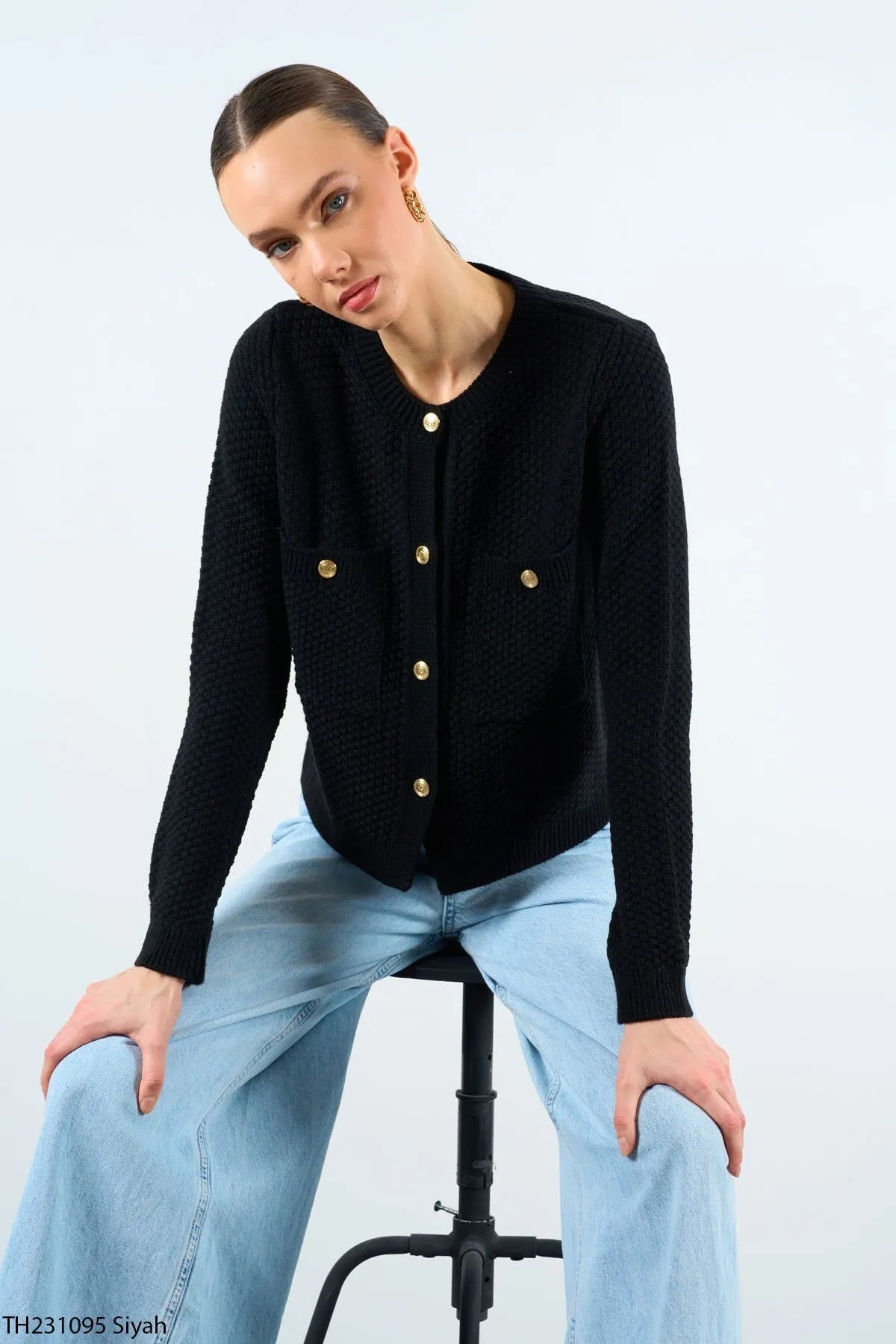 Kadın Bisiklet Yaka Dokulu Cepli Füme Hırka