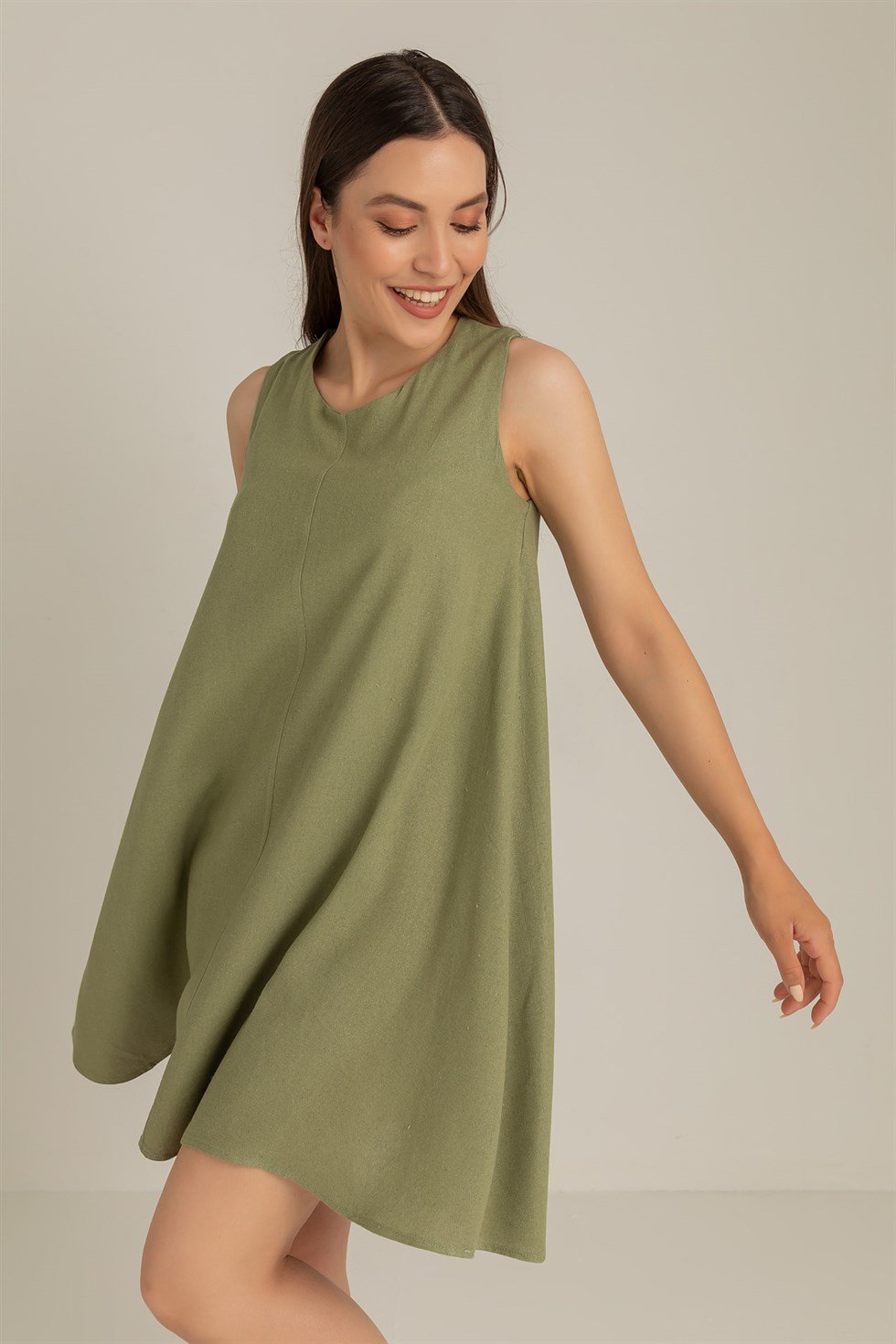 Kadın Sıfır Kol Keten Elbise