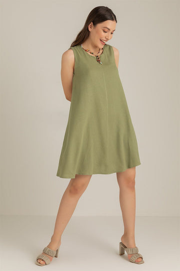 Kadın Sıfır Kol Keten Elbise