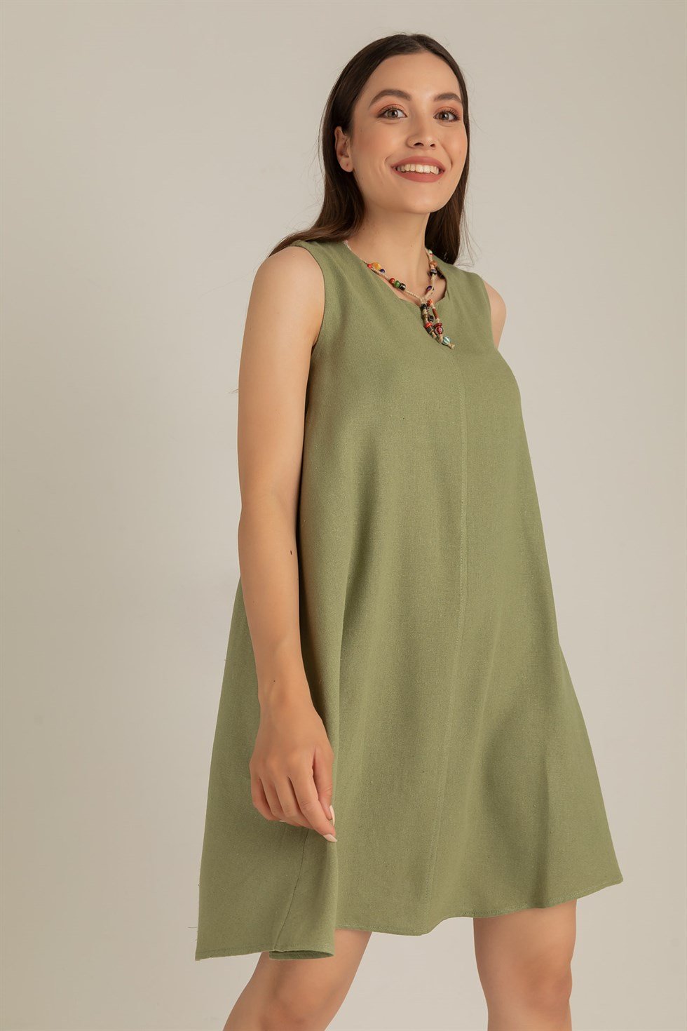 Kadın Sıfır Kol Keten Elbise