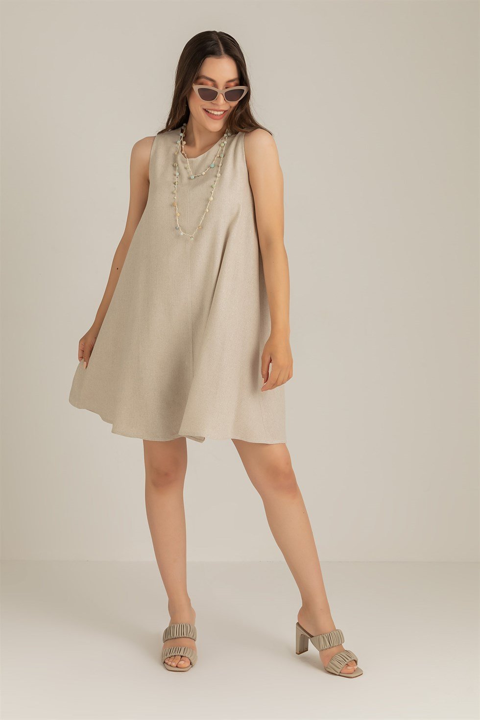 Kadın Sıfır Kol Keten Elbise