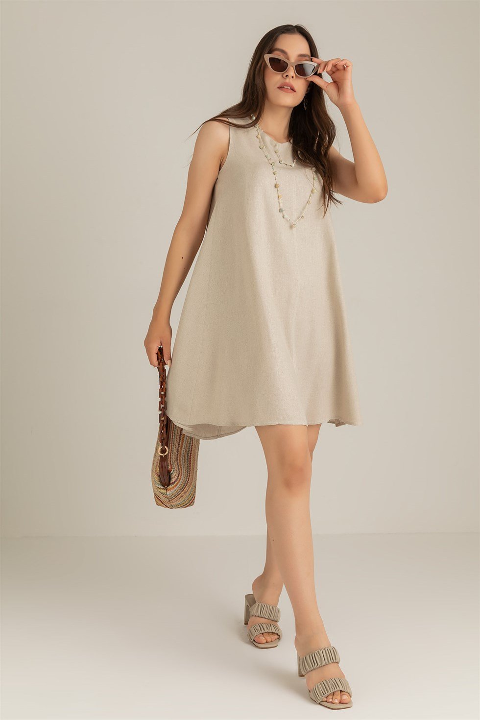 Kadın Sıfır Kol Keten Elbise