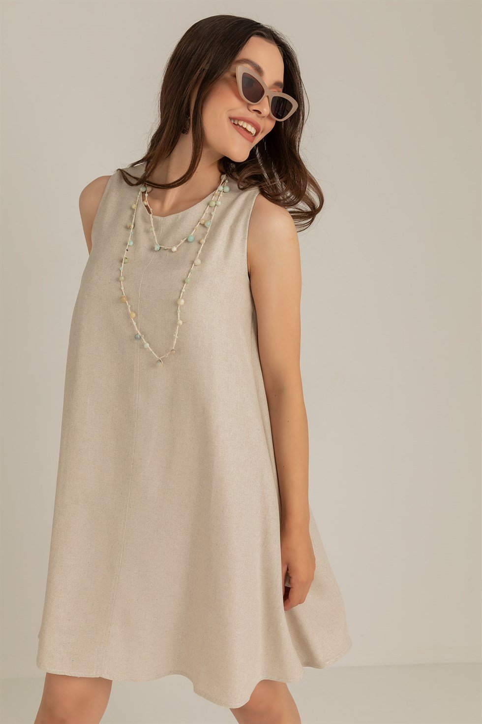 Kadın Sıfır Kol Keten Elbise
