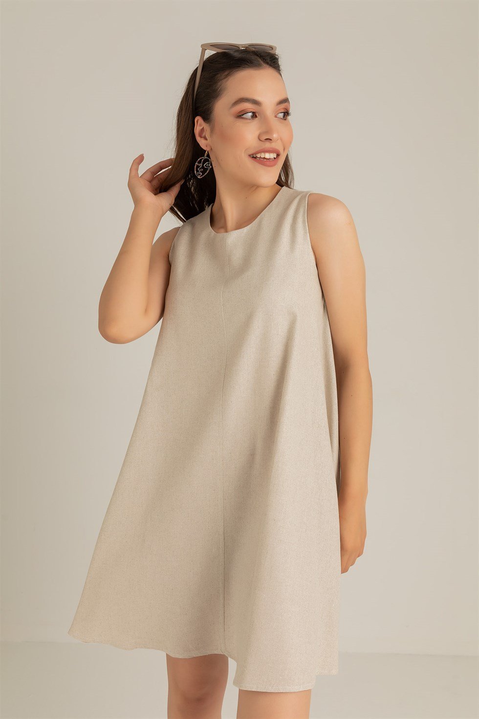 Kadın Sıfır Kol Keten Elbise