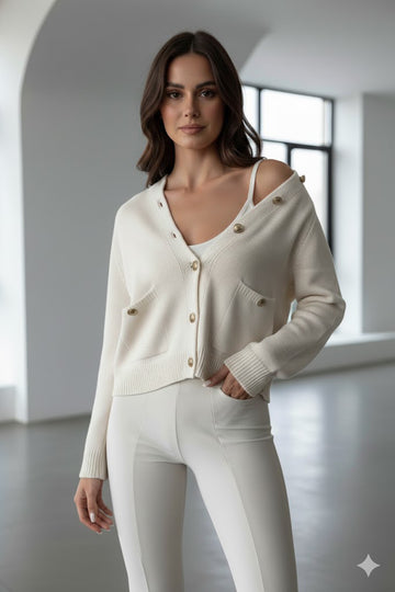 Kadın Krem Gold Düğme Detaylı Cepli Hırka